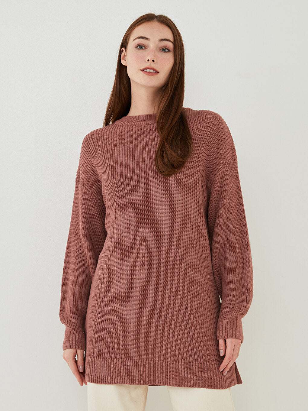 Crew Neck Plain Long Sleeve Women's Knitwear Tunic