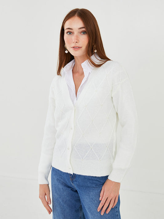 V-Neck Self-Patterned Women's Knitwear Cardigan