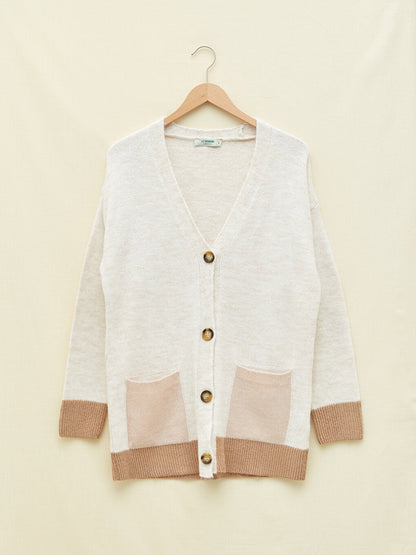 V-Neck Color Blocked Long Sleeve Women's Knitwear Cardigan