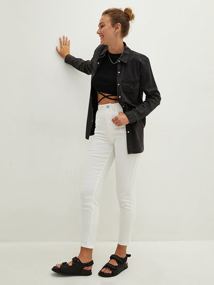 Plain Long Sleeve Women's Rodeo Jean Shirt with Pocket Detail