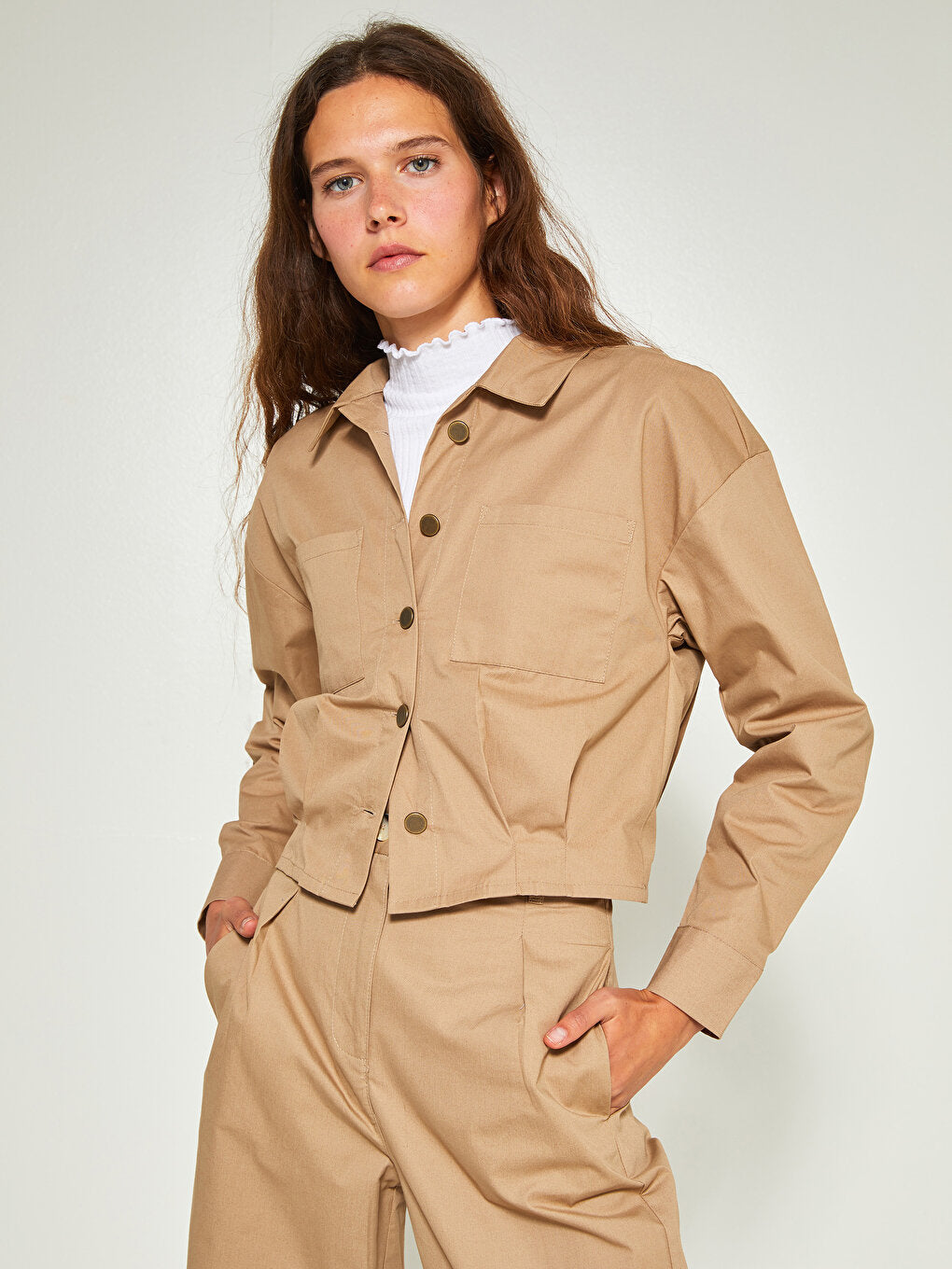 Front Button Closure Long Sleeve Gabardine Women's Shirt