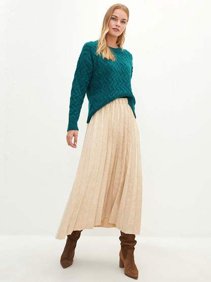 Plain Suede Fabric Women's Pleated Skirt with Elastic Waist