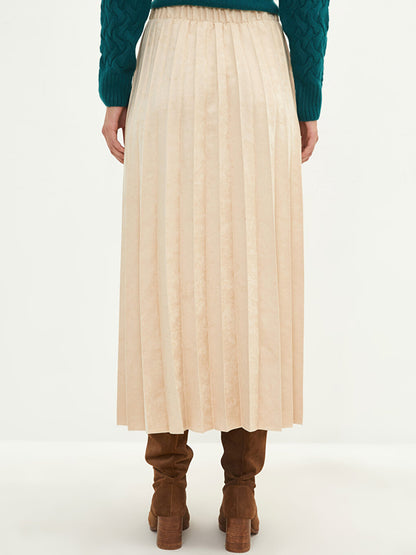 Plain Suede Fabric Women's Pleated Skirt with Elastic Waist