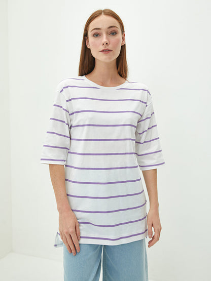 Crew Neck Striped Short Sleeve Women's Tunic