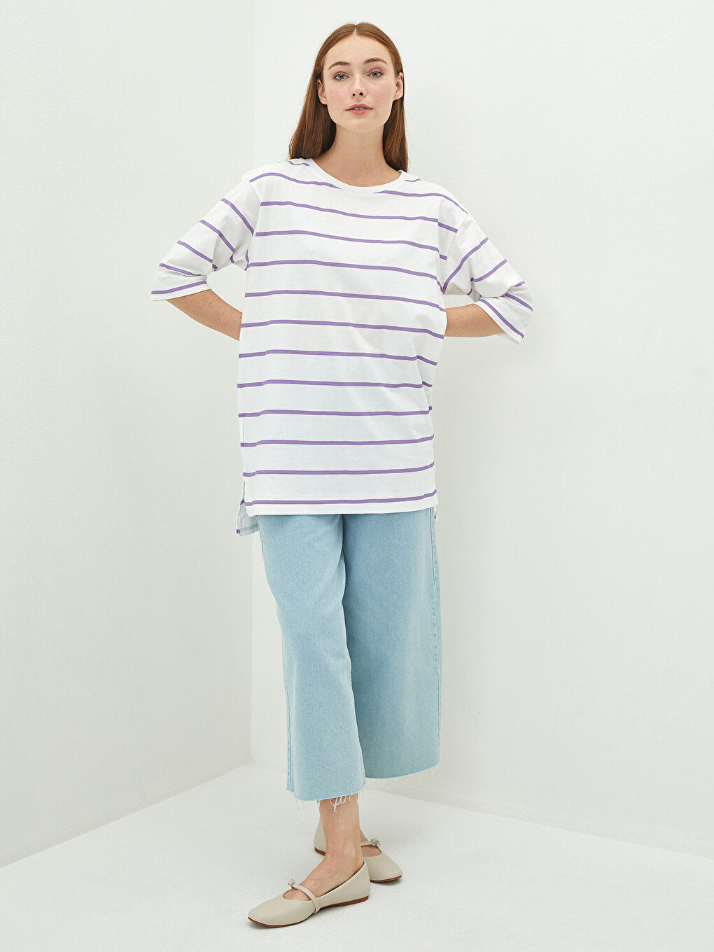 Crew Neck Striped Short Sleeve Women's Tunic