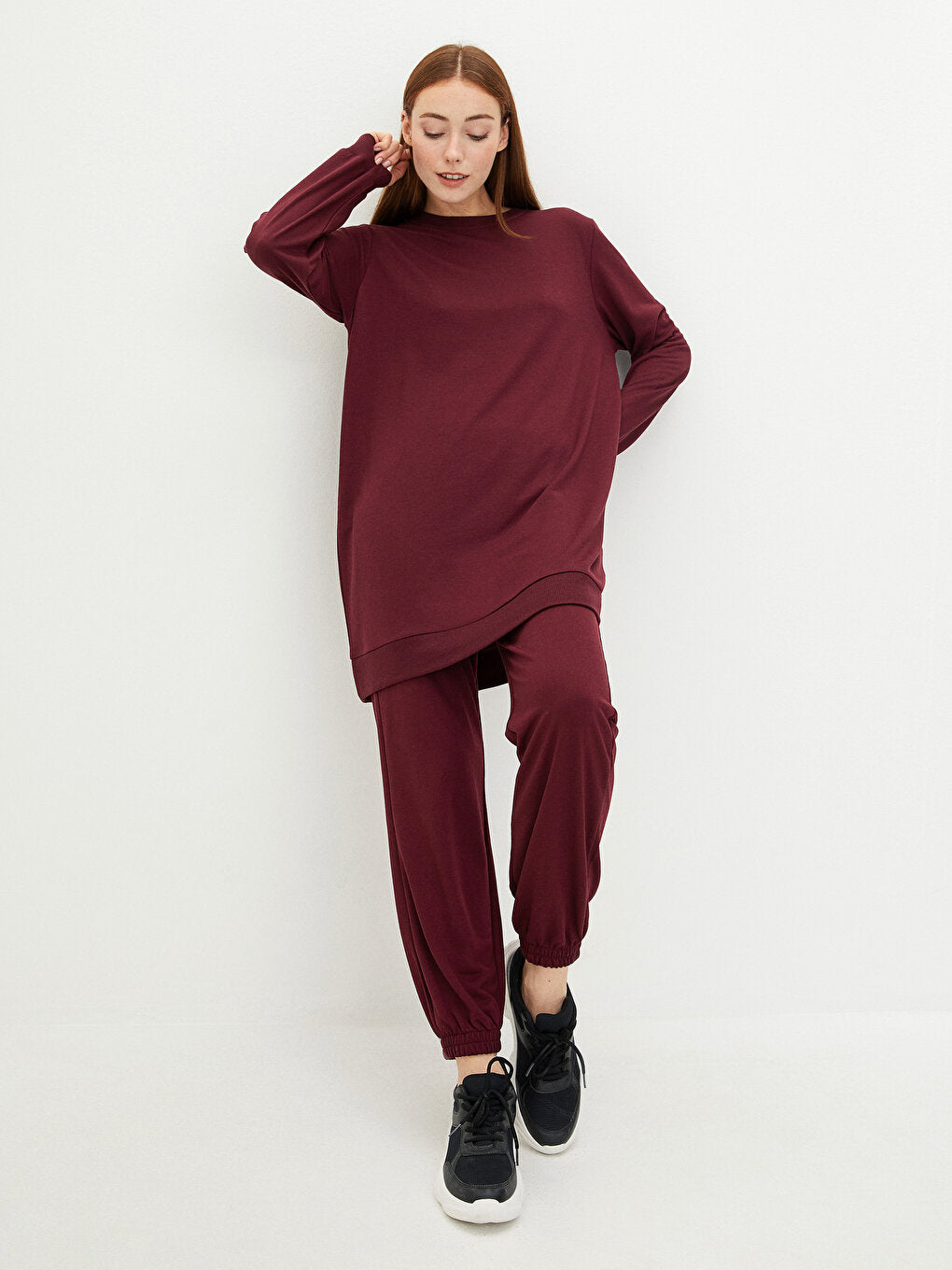 Crew Neck Plain Long Sleeve Women's Sweatshirt Tunic