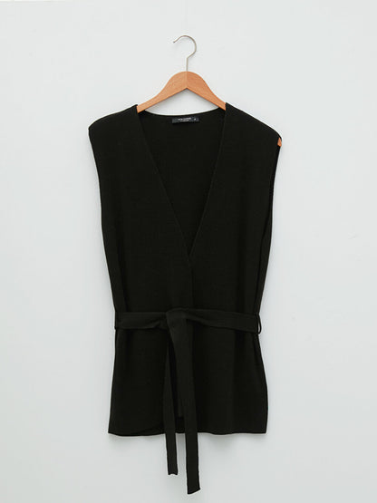 V-Neck Waist Belted Women's Knitwear Vest