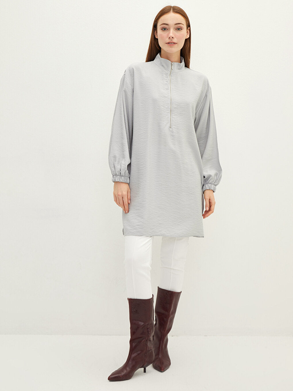 High Collar Plain Long Sleeve Women's Tunic