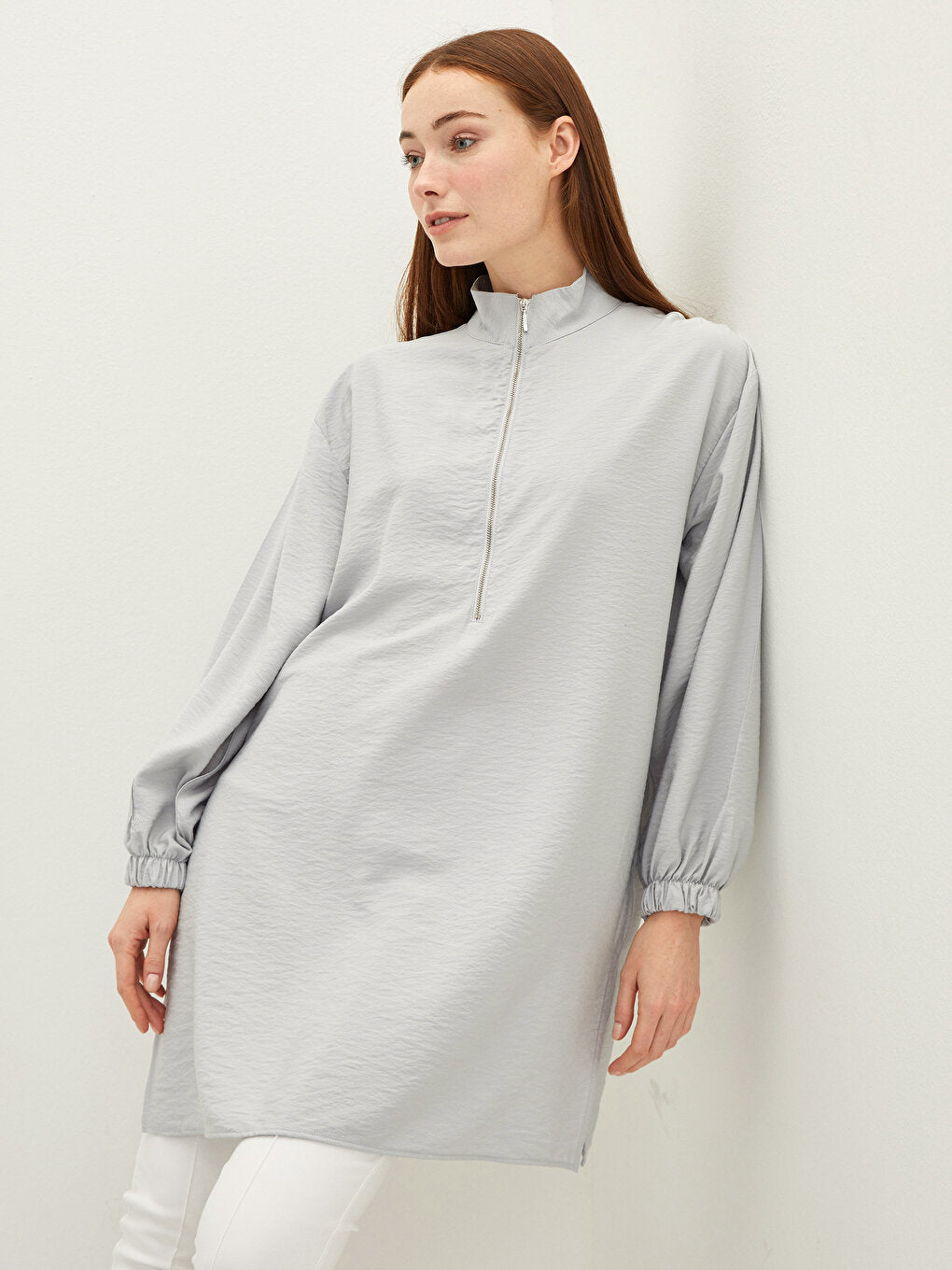 High Collar Plain Long Sleeve Women's Tunic