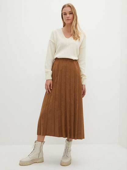 Plain Suede Fabric Women's Pleated Skirt with Elastic Waist