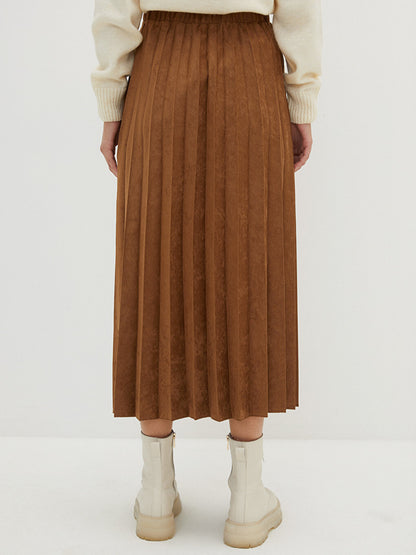 Plain Suede Fabric Women's Pleated Skirt with Elastic Waist