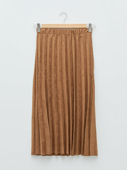 Plain Suede Fabric Women's Pleated Skirt with Elastic Waist