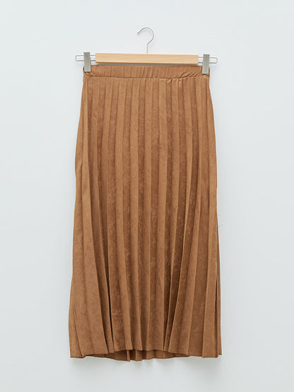 Plain Suede Fabric Women's Pleated Skirt with Elastic Waist