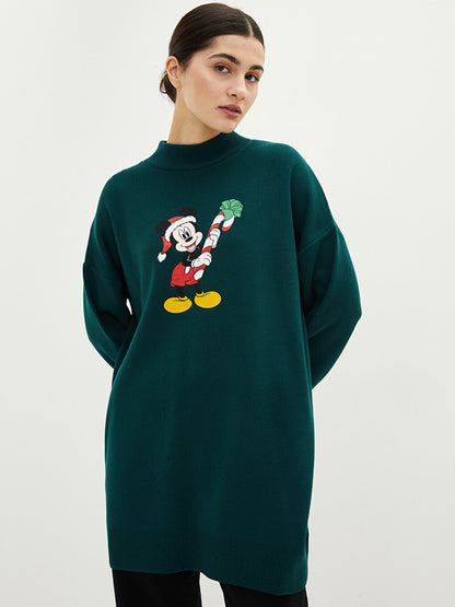 High Collar Mickey Mouse Printed Long Sleeve Women's Knitwear Tunic