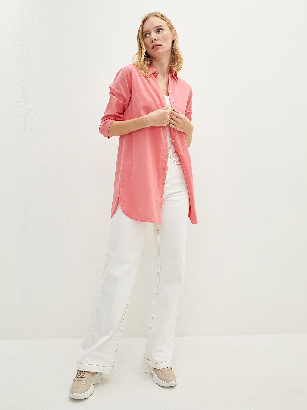 Plain Long Sleeve Poplin Women's Shirt Tunic