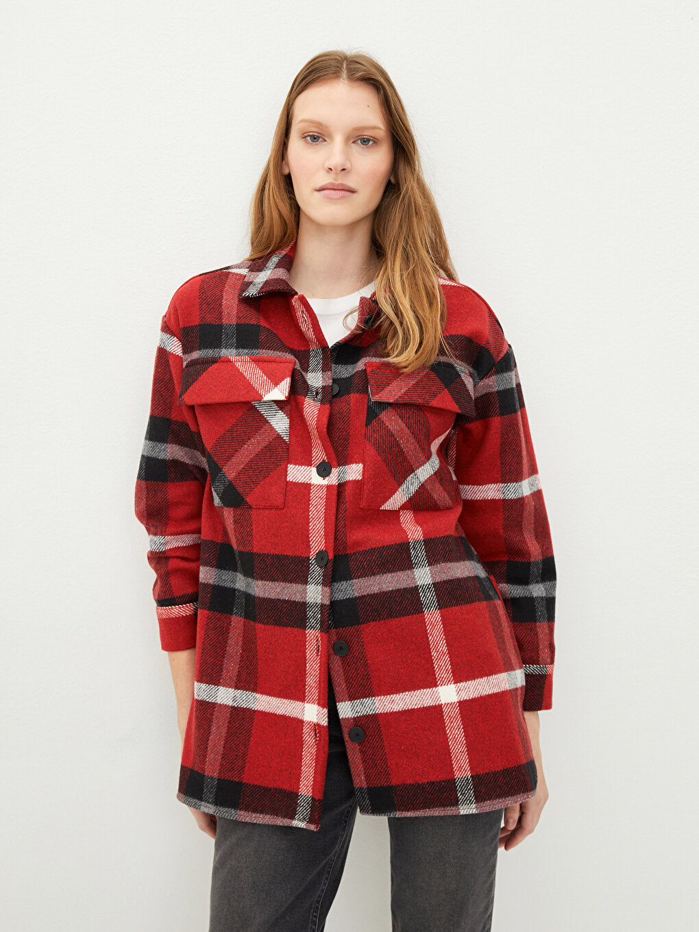 Front Button Closure Plaid Long Sleeve Women's Shirt Jacket