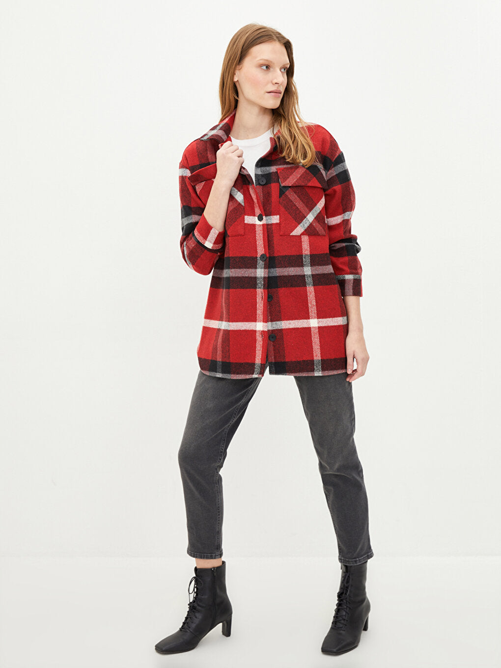 Front Button Closure Plaid Long Sleeve Women's Shirt Jacket