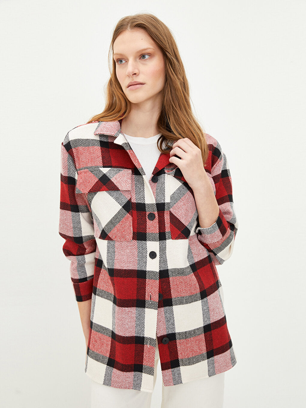 Front Button Closure Plaid Long Sleeve Women's Shirt Jacket