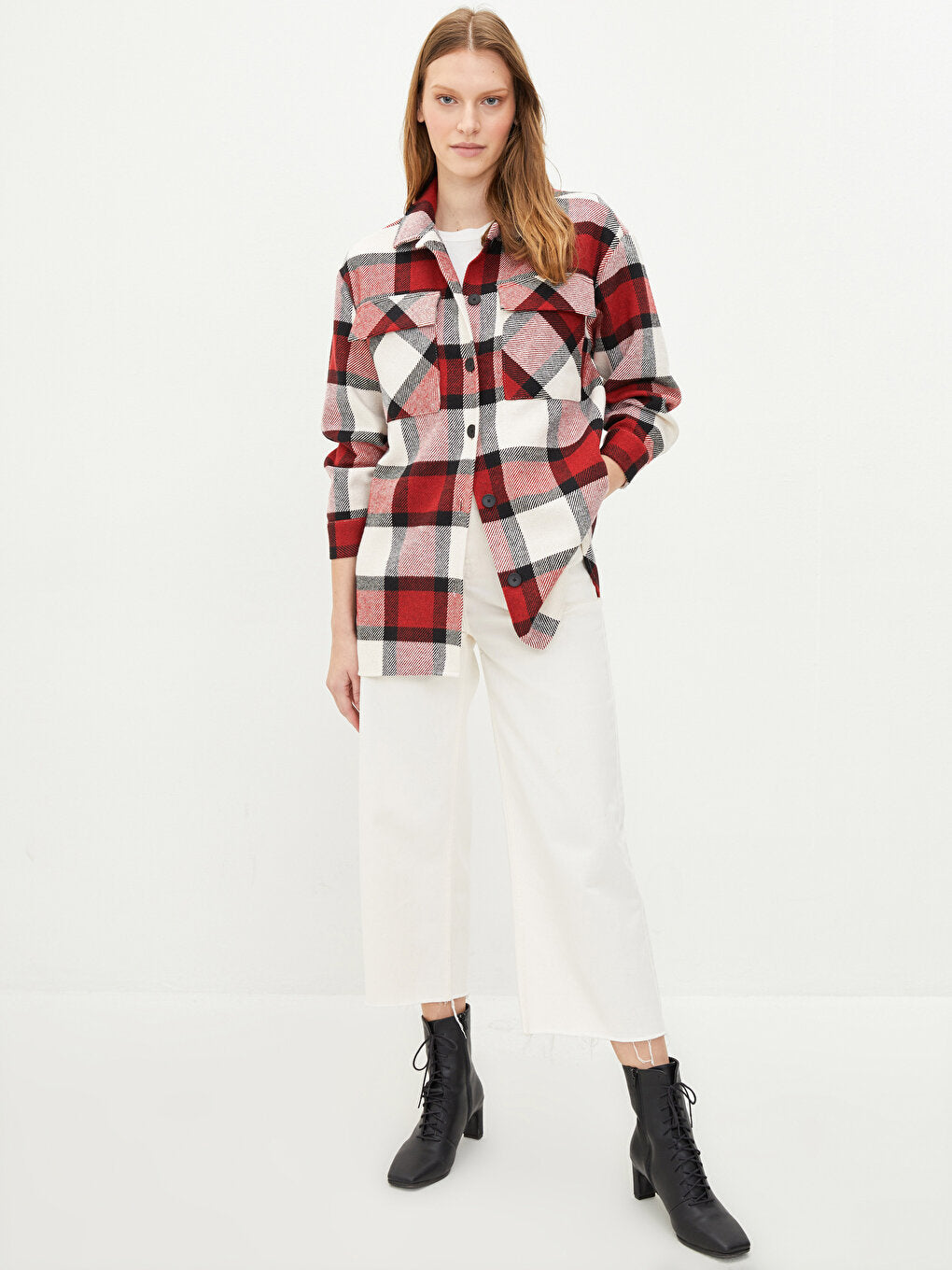 Front Button Closure Plaid Long Sleeve Women's Shirt Jacket