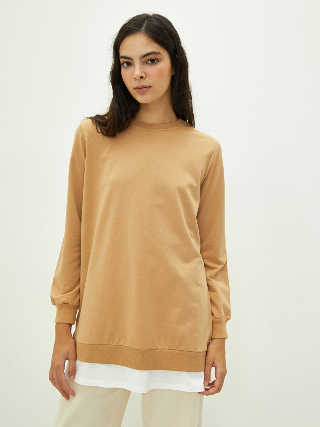 Crew Neck Plain Long Sleeve Women's Sweatshirt Tunic