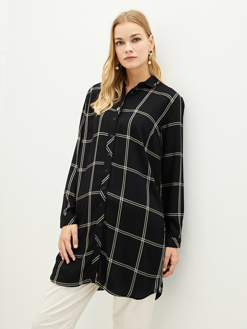 Plaid Long Sleeve Viscose Women's Shirt Tunic