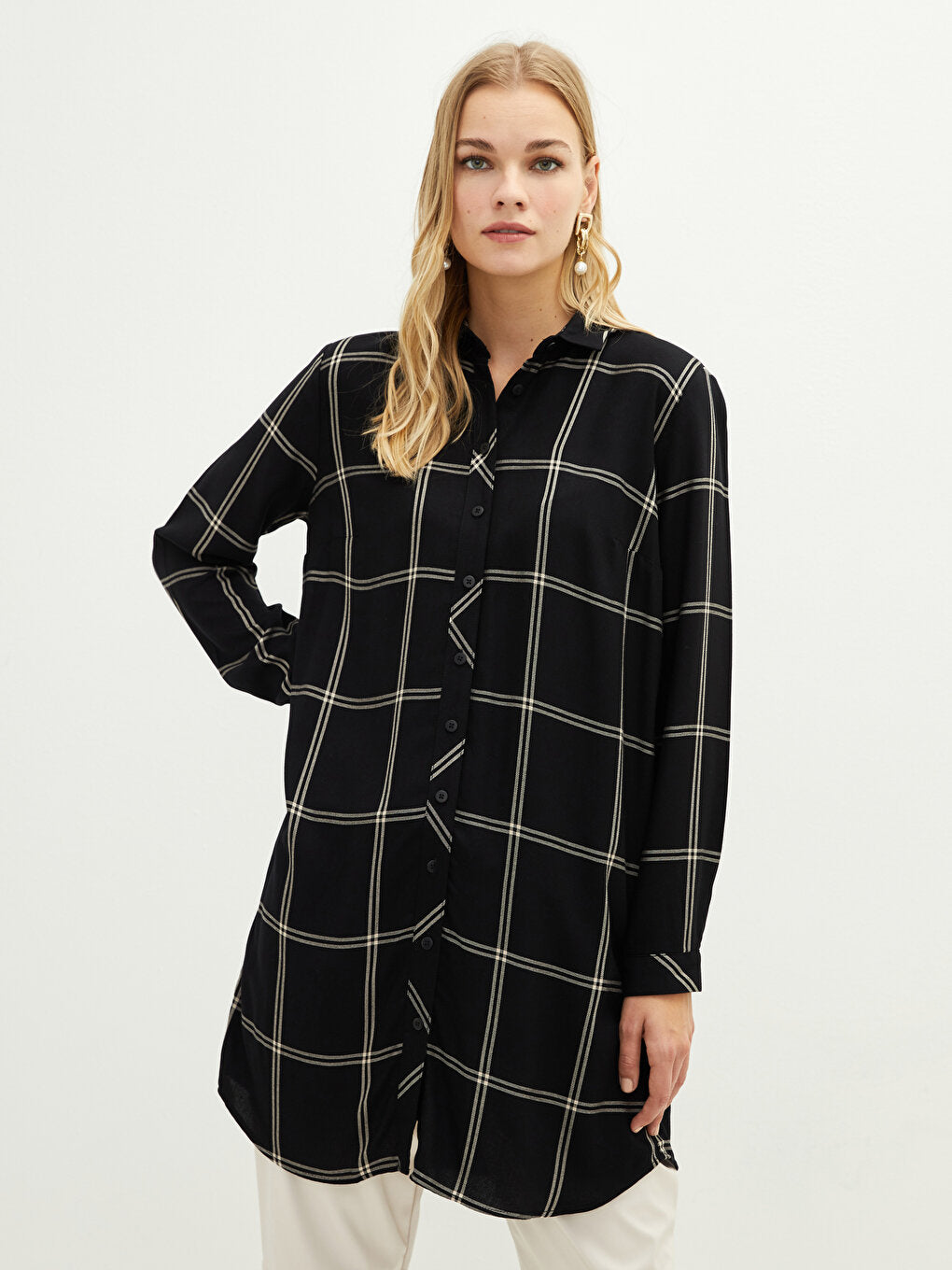 Plaid Long Sleeve Viscose Women's Shirt Tunic