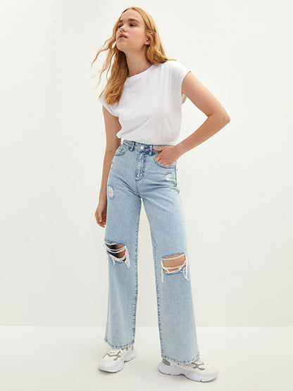 High Waist Wideleg Ripped Detailed Women's Jean Trousers