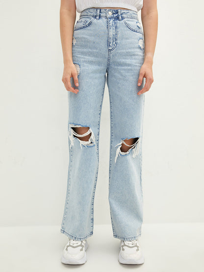 High Waist Wideleg Ripped Detailed Women's Jean Trousers