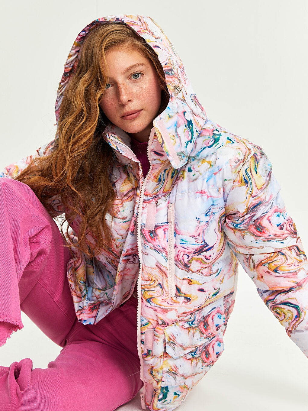 Hooded Patterned Long Sleeve Women's Puffer Coat