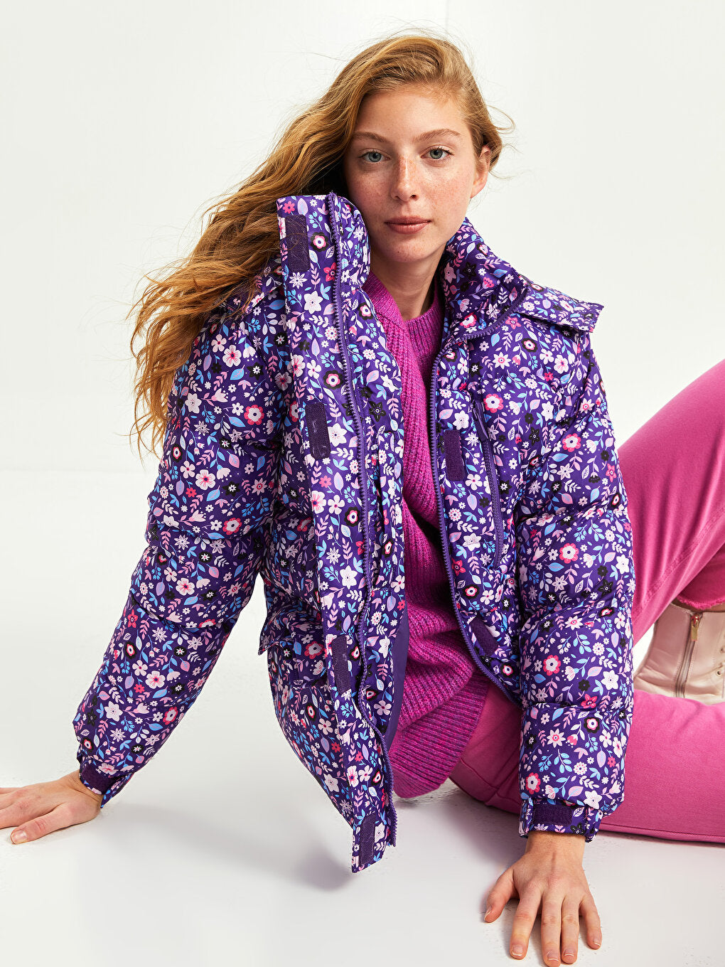 Hooded Patterned Long Sleeve Women's Puffer Coat