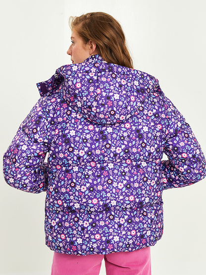 Hooded Patterned Long Sleeve Women's Puffer Coat