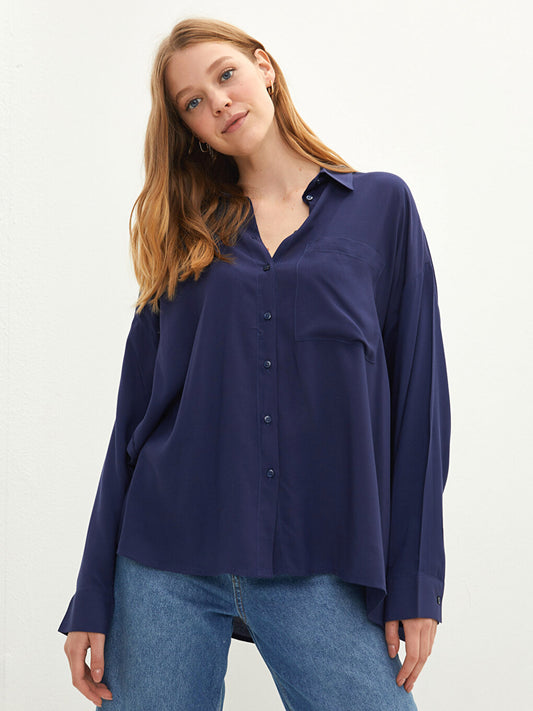 Front Button Closure Plain Long Sleeve Poplin Women's Shirt