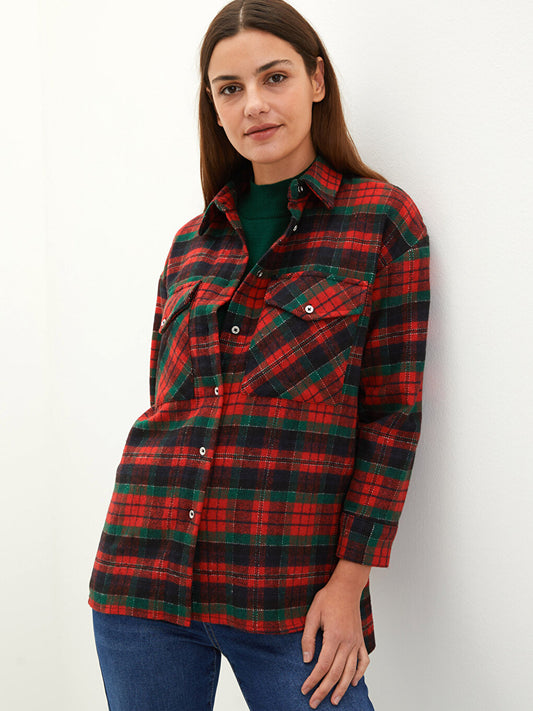 Front Button Closure Plaid Long Sleeve Oversize Women's Shirt Jacket