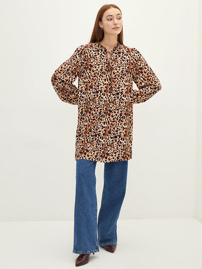 Tie Collar Patterned Long Sleeve Viscose Women's Tunic