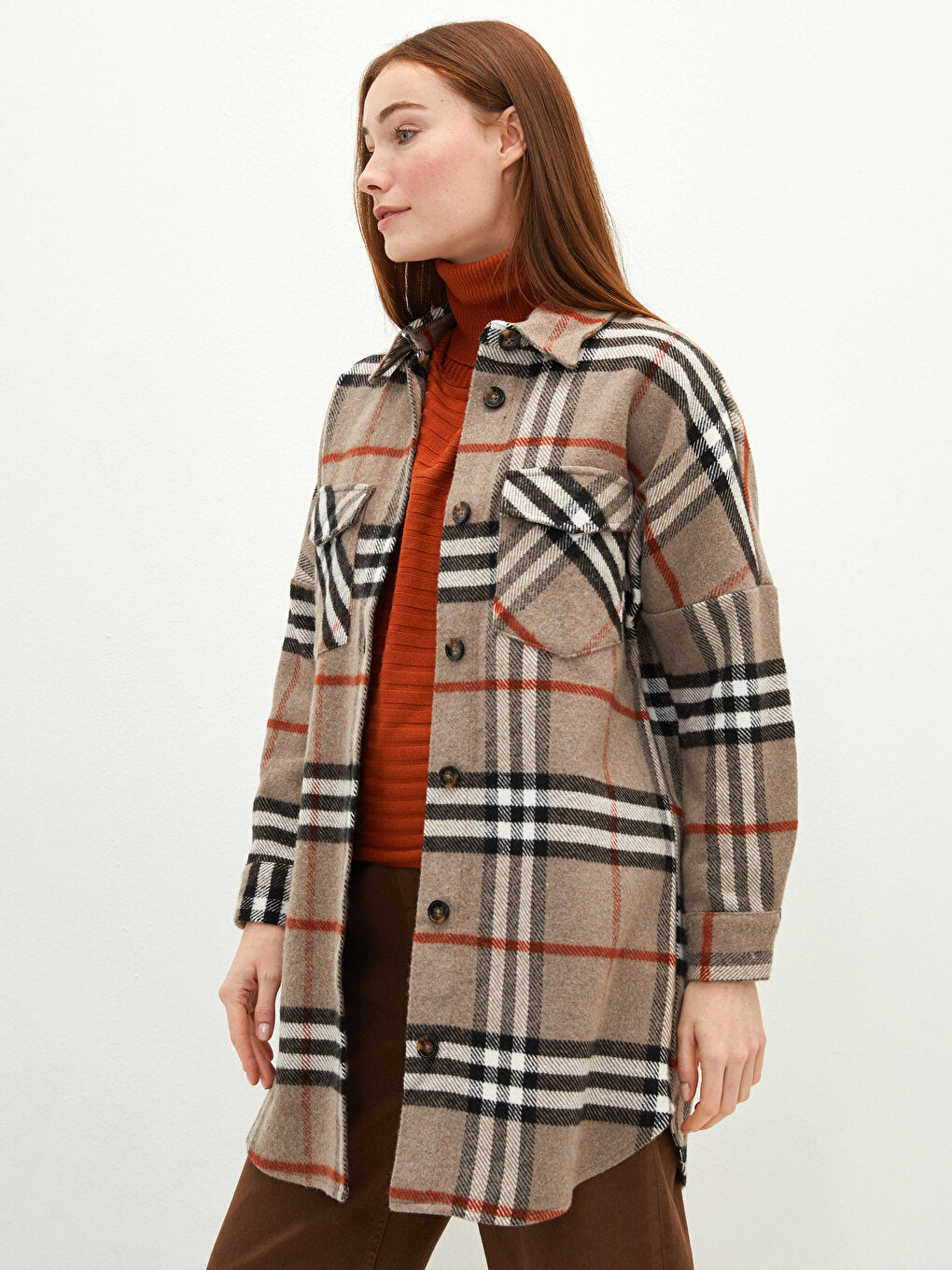 Shirt Collar Plaid Long Sleeve Oversize Women's Shirt Jacket