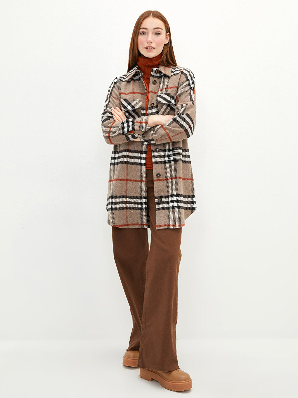 Shirt Collar Plaid Long Sleeve Oversize Women's Shirt Jacket