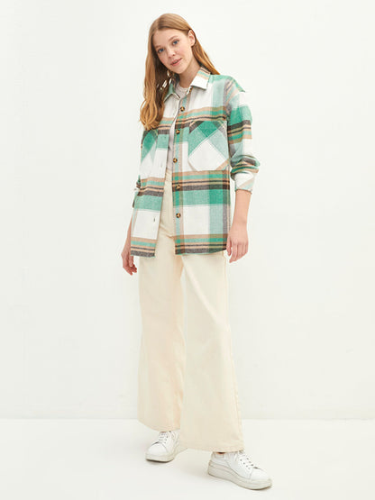 Front Button Closure Plaid Long Sleeve Gabardine Fabric Women's Shirt Jacket