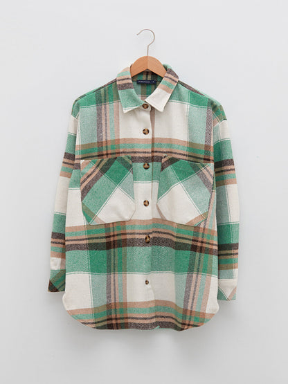 Front Button Closure Plaid Long Sleeve Gabardine Fabric Women's Shirt Jacket