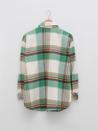 Front Button Closure Plaid Long Sleeve Gabardine Fabric Women's Shirt Jacket