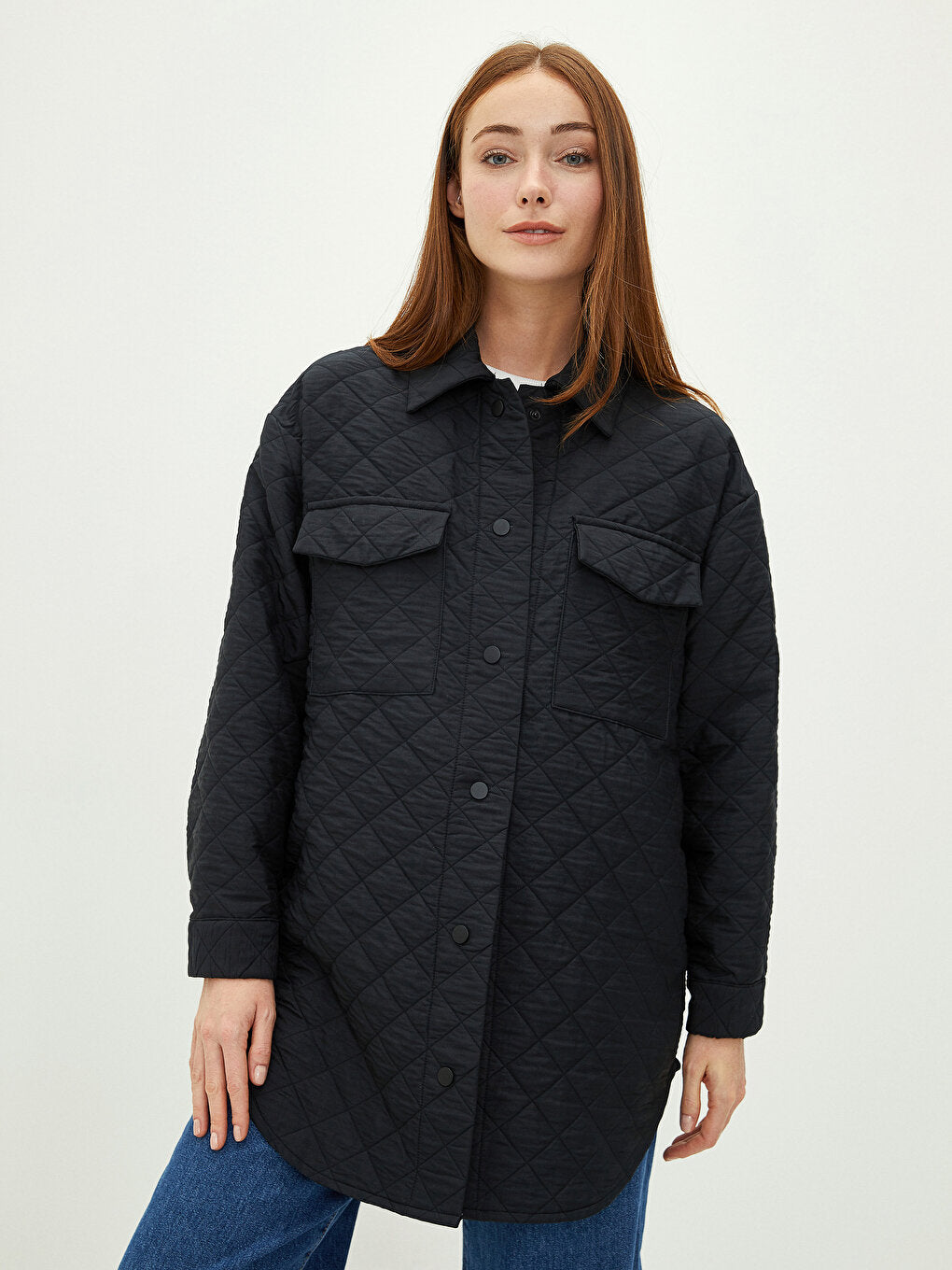 Shirt Collar Quilted Patterned Long Sleeve Oversize Women's Coat