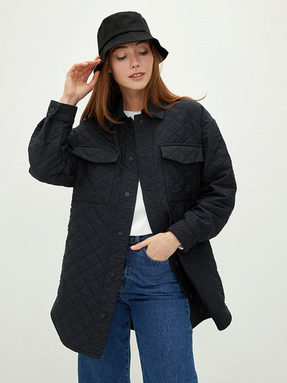 Shirt Collar Quilted Patterned Long Sleeve Oversize Women's Coat