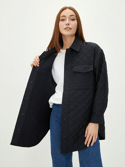 Shirt Collar Quilted Patterned Long Sleeve Oversize Women's Coat