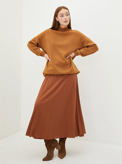 Plain Crepe Fabric Women's Pleated Skirt with Elastic Waist