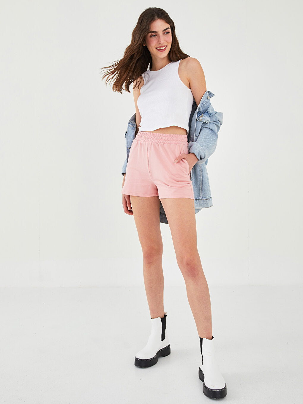 Women's Bermuda Shorts with Elastic Waist and Flat Pocket Detail