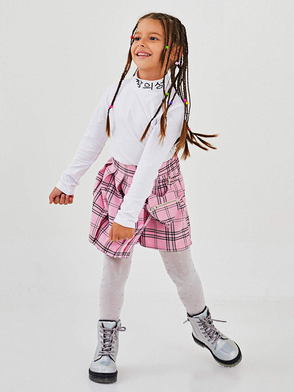 Plaid Girls Skirt with Elastic Waist Shorts and Bag