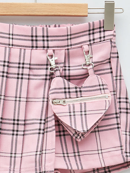 Plaid Girls Skirt with Elastic Waist Shorts and Bag