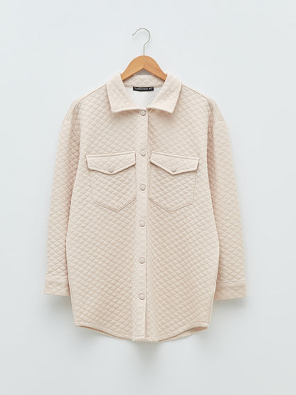 Front Button Closure Quilted Patterned Women's Shirt Jacket with Pocket Detail