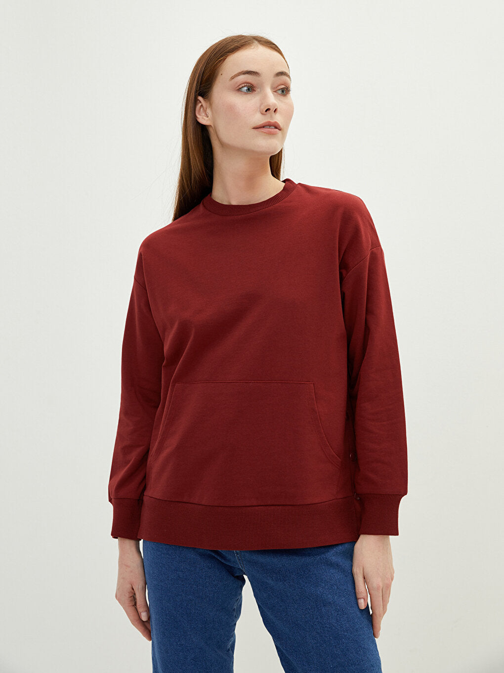 Crew Neck Plain Long Sleeve Women's Sweatshirt Tunic