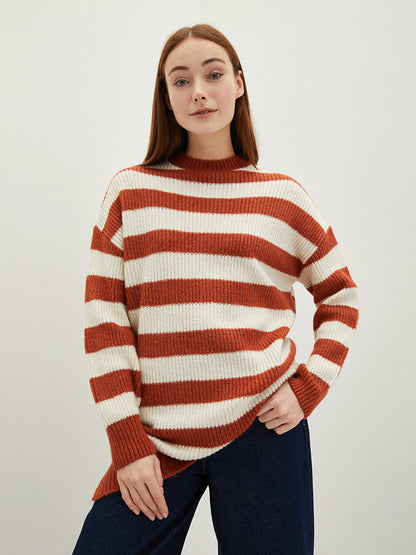 Crew Neck Striped Long Sleeve Women's Knitwear Tunic