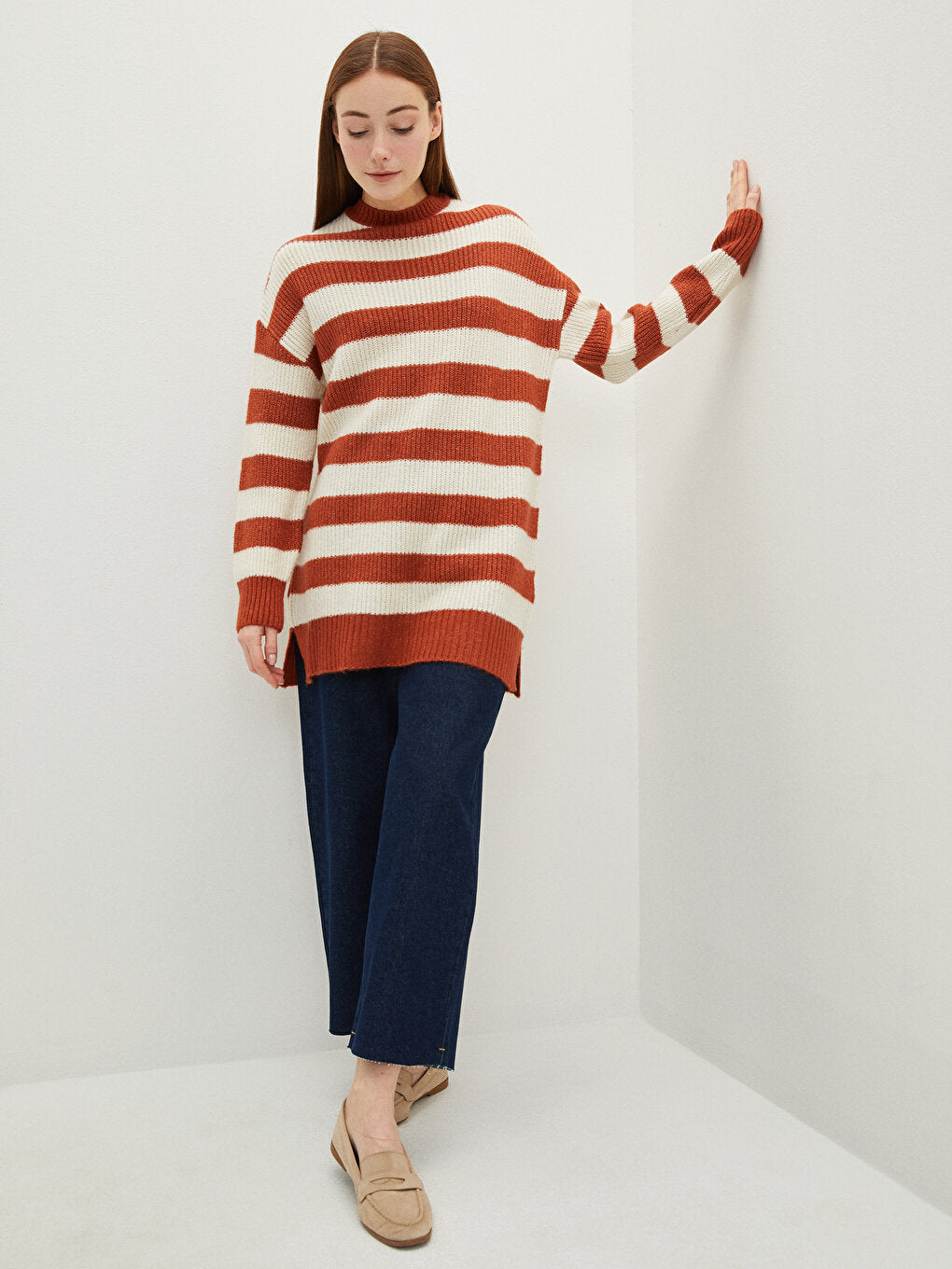 Crew Neck Striped Long Sleeve Women's Knitwear Tunic